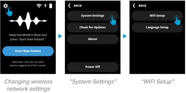 Screenshots showing changing wireless network settings,  clicking on "system settings", and then clicking on "wifi setup"